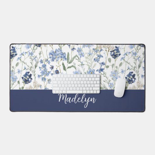 Blue Watercolor Wildflower Monogram Name Bureaumat (Keyboard & Muis)