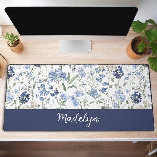 Blue Watercolor Wildflower Monogram Name Bureaumat
