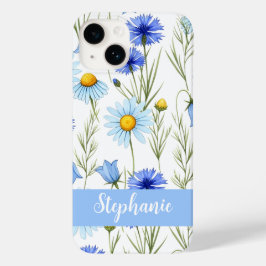 Blue Watercolor Wildflower Monogram Name Case-Mate iPhone 14 Hoesje