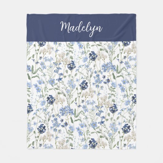 Blue Watercolor Wildflower Monogram Name Fleece Deken (Voorkant)