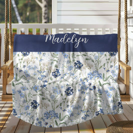 Blue Watercolor Wildflower Monogram Name Fleece Deken