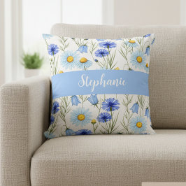 Blue Watercolor Wildflower Monogram Name Kussen