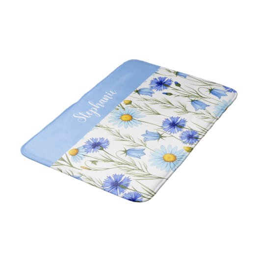 Blue Watercolor Wildflower Personalized Badmat (Gekanteld)