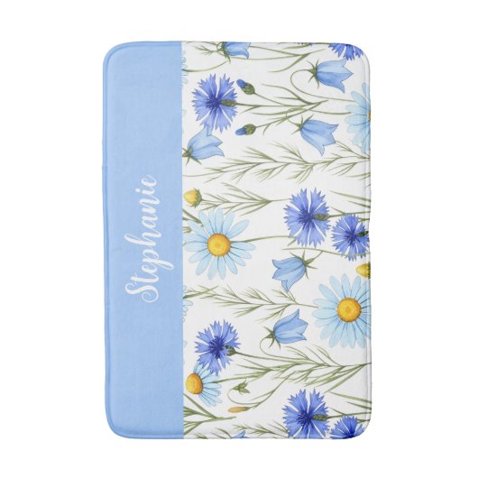 Blue Watercolor Wildflower Personalized Badmat (Voorkant Verticaal)