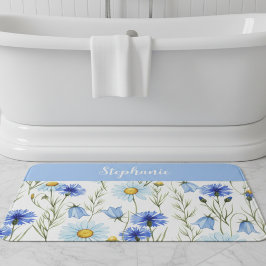 Blue Watercolor Wildflower Personalized Badmat