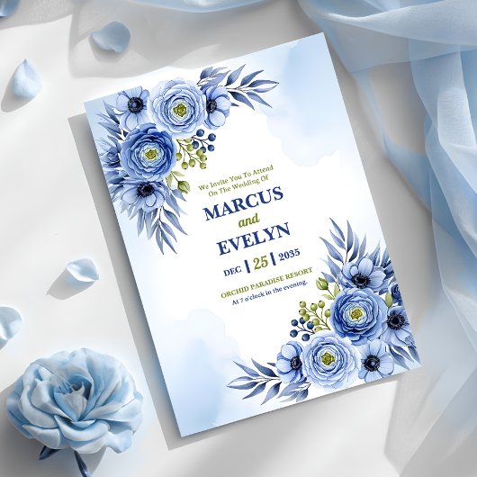 Blue Watercolor Wildflower Wedding Invitation Card Kaart