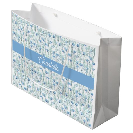 Blue watercolor wildflowers custom name groot cadeauzakje (Voorkant Gekanteld)