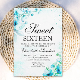  Blue Watercolor Wildflowers Modern Sweet Sixteen Kaart
