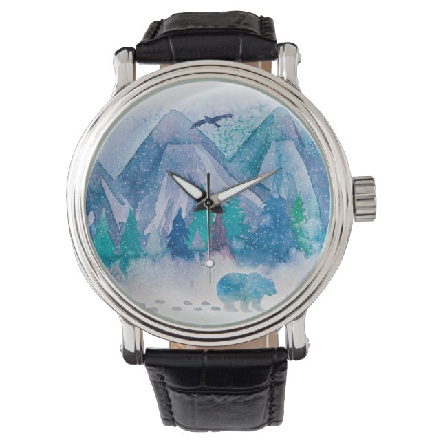 Blue Watercolor Winter Mountain Landscape Art Horloge (Voorkant)