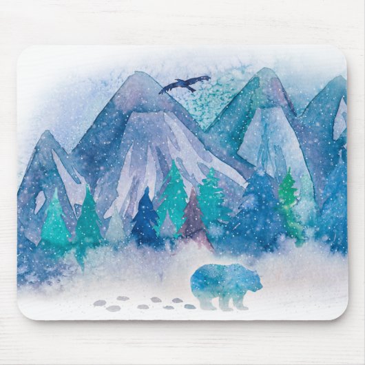 Blue Watercolor Winter Mountain Landscape Art Muismat (Voorkant)