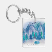 Blue Watercolor Winter Mountain Landscape Art Sleutelhanger (Voorkant Links)
