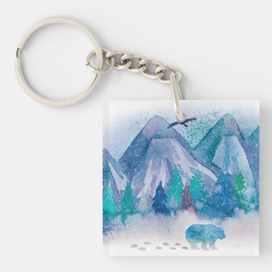 Blue Watercolor Winter Mountain Landscape Art Sleutelhanger (Voorkant)