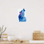 Blue watercolor wolf howling poster (Keuken)