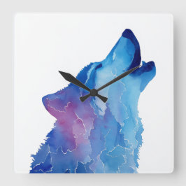 Blue watercolor wolf howling vierkante klok