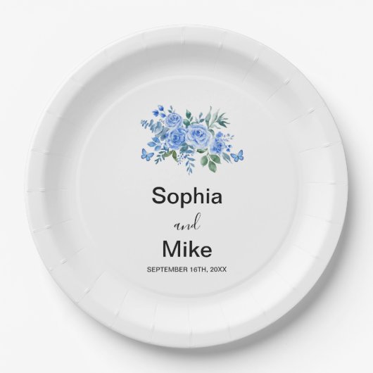 Blue Watercolour Floral and Butterflies Wedding Papieren Bordje (Voorkant)