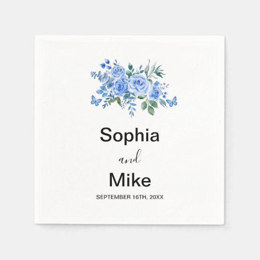 Blue Watercolour Floral and Butterflies Wedding Servet (Voorkant)