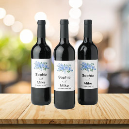 Blue Watercolour Floral and Butterflies Wedding Wijn Etiket