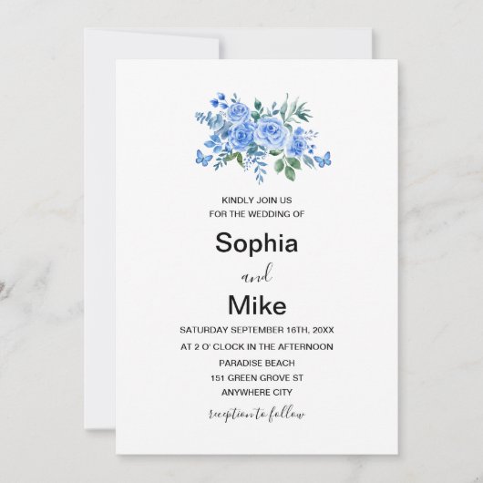 Blue Watercolour Floral Butterflies Wedding Kaart (Voorkant)