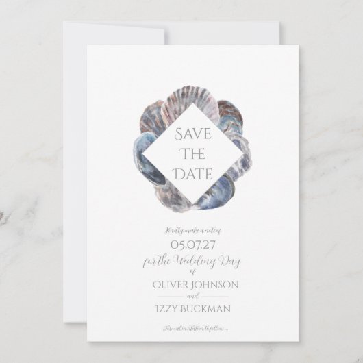 Blue Watercolour Sea Shell Save the Date Flat Card Kaart (Voorkant)