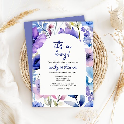 Blue Watercolour Wildflower Its a Boy Baby Shower Kaart