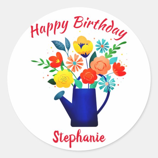 Blue Watering Pot Yellow Red Flower Happy Birthday Ronde Sticker (Voorkant)