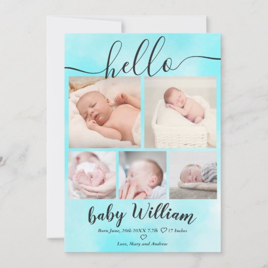 Blue waterverf 5 grid foto baby aankondiging (Voorkant)