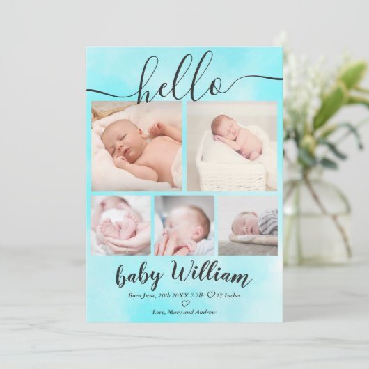 Blue waterverf 5 grid foto baby aankondiging (Staand voorkant)