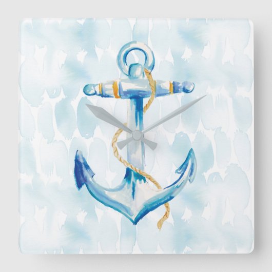 Blue Waterverf Anchor Vierkante Klok (Voorkant)