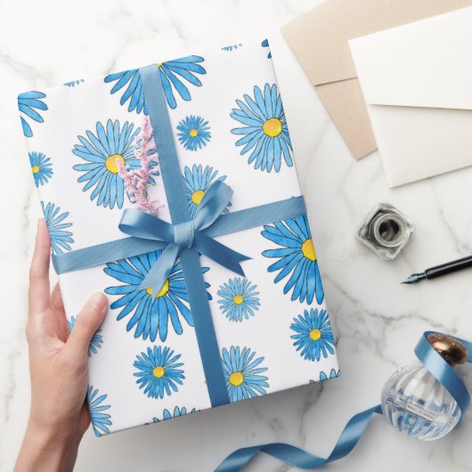 Blue Waterverf and Pen Asters Garland Patroon Cadeaupapier (Geschenken)