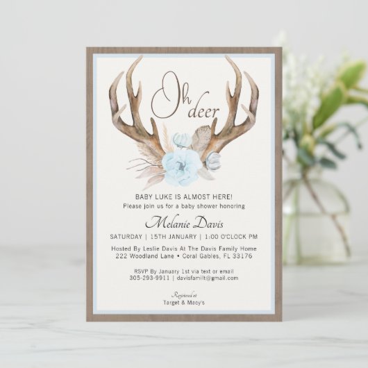 Blue Waterverf Antler Baby shower Invitation – Ru Kaart (Staand voorkant)