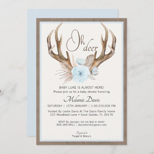 Blue Waterverf Antler Baby shower Invitation – Ru Kaart (Voorkant / Achterkant)