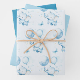 Blue Waterverf Baby Elephant Wrapping Paper