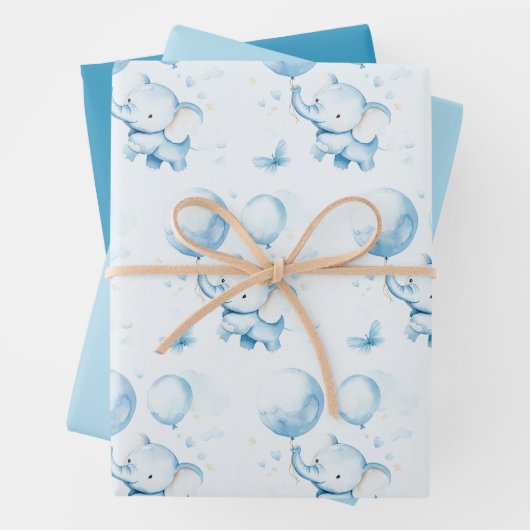 Blue Waterverf Baby Elephant Wrapping Paper (In situ)