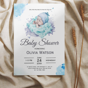 Blue Waterverf Baby Soft Boy Shower Kaart
