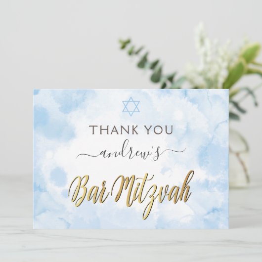 Blue Waterverf Bar Mitzvah Bedankkaart (Staand voorkant)
