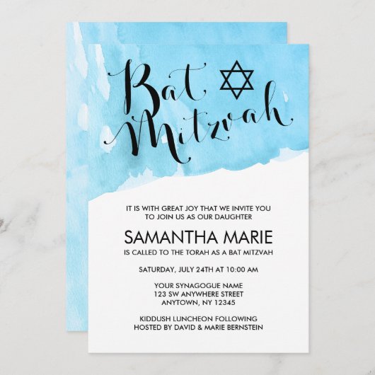 Blue Waterverf Bat Mitzvah Kaart (Voorkant / Achterkant)