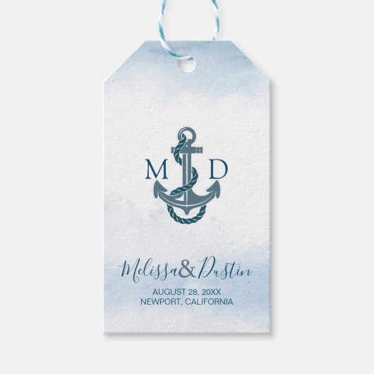 Blue Waterverf Beach Anker Nautische bruiloft Cadeaulabel (Voorkant)