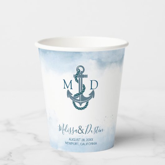 Blue Waterverf Beach Anker Nautische bruiloft Papieren Bekers (Voorkant)