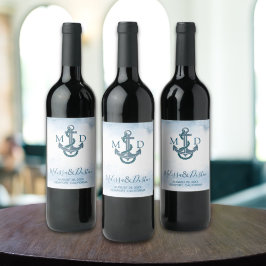 Blue Waterverf Beach Anker Nautische bruiloft Wijn Etiket