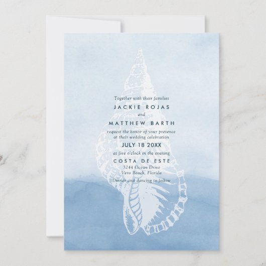 Blue Waterverf Beach Seashell Wedding Kaart (Voorkant)