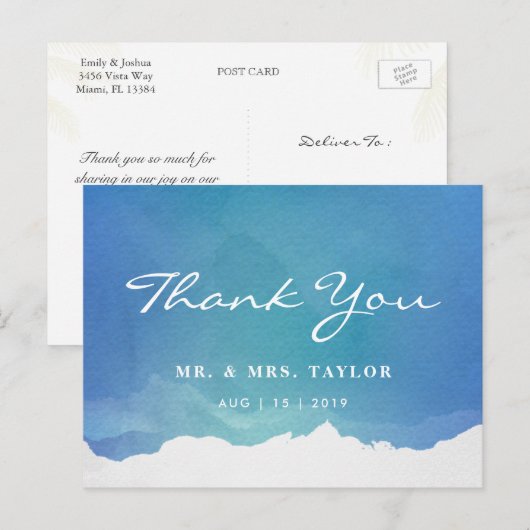 Blue Waterverf Beach Wedding Bedankt Briefkaart (Voorkant / Achterkant)