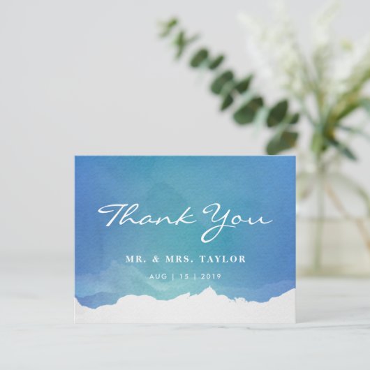 Blue Waterverf Beach Wedding Bedankt Briefkaart (Staand voorkant)