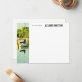 Blue Waterverf boat Scene Flat Note Card Notitiekaartje (Voorkant / Achterkant in situ)