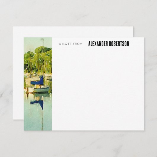 Blue Waterverf boat Scene Flat Note Card Notitiekaartje (Voorkant / Achterkant)