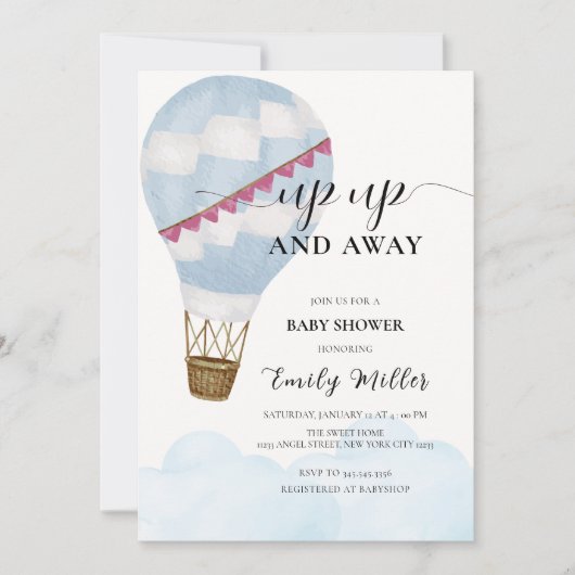 Blue Waterverf Boho Hete Luchtballon Baby shower Kaart (Voorkant)