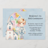 Blue Waterverf Boy 1st. communie Kaart (Voorkant / Achterkant)