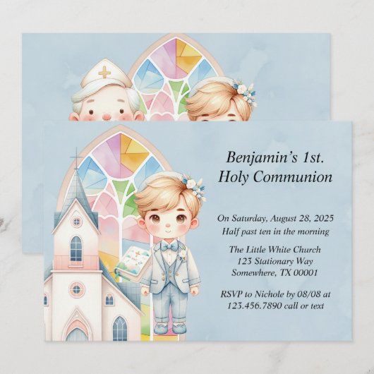 Blue Waterverf Boy 1st. communie Kaart (Voorkant / Achterkant)