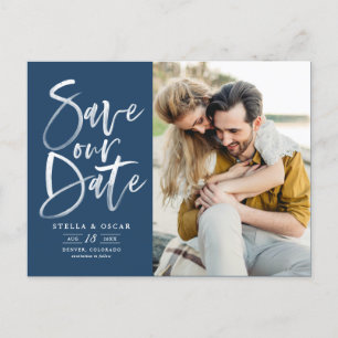 Blue Waterverf Brush Kalligrafie Save Our Date Aankondigingskaart