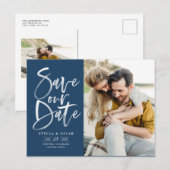 Blue Waterverf Brush Kalligrafie Save Our Date Aankondigingskaart (Voorkant / Achterkant)