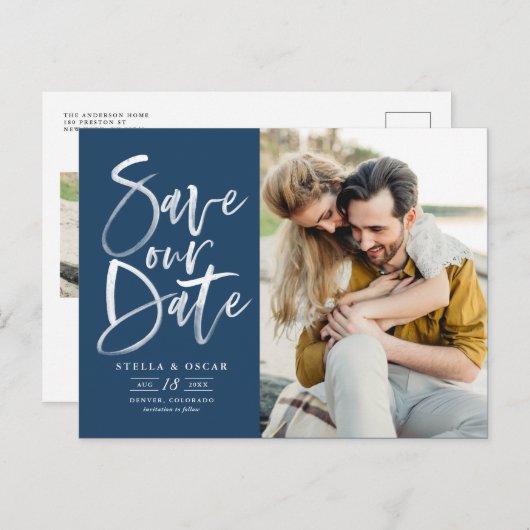 Blue Waterverf Brush Kalligrafie Save Our Date Aankondigingskaart (Voorkant / Achterkant)